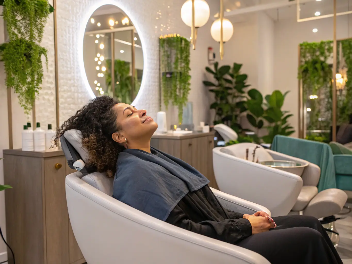 A serene and luxurious salon interior with a stylist consulting with a client about hair extensions, showcasing the salon's commitment to personalized service and a comfortable environment.