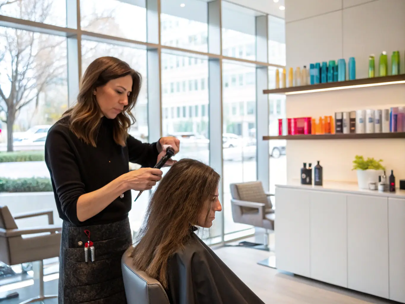 A stylist educating a client about the different types of hair extensions available, emphasizing the salon's commitment to education and informed decision-making.