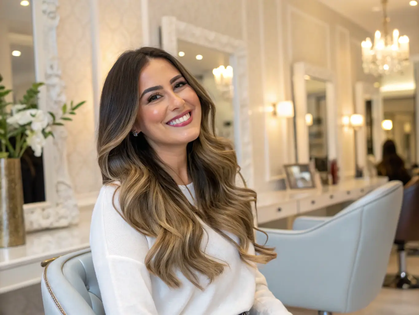 A woman smiling confidently, showcasing her full, natural-looking hair achieved through mesh integration at The Collective Salon. The setting is a modern, upscale salon environment.